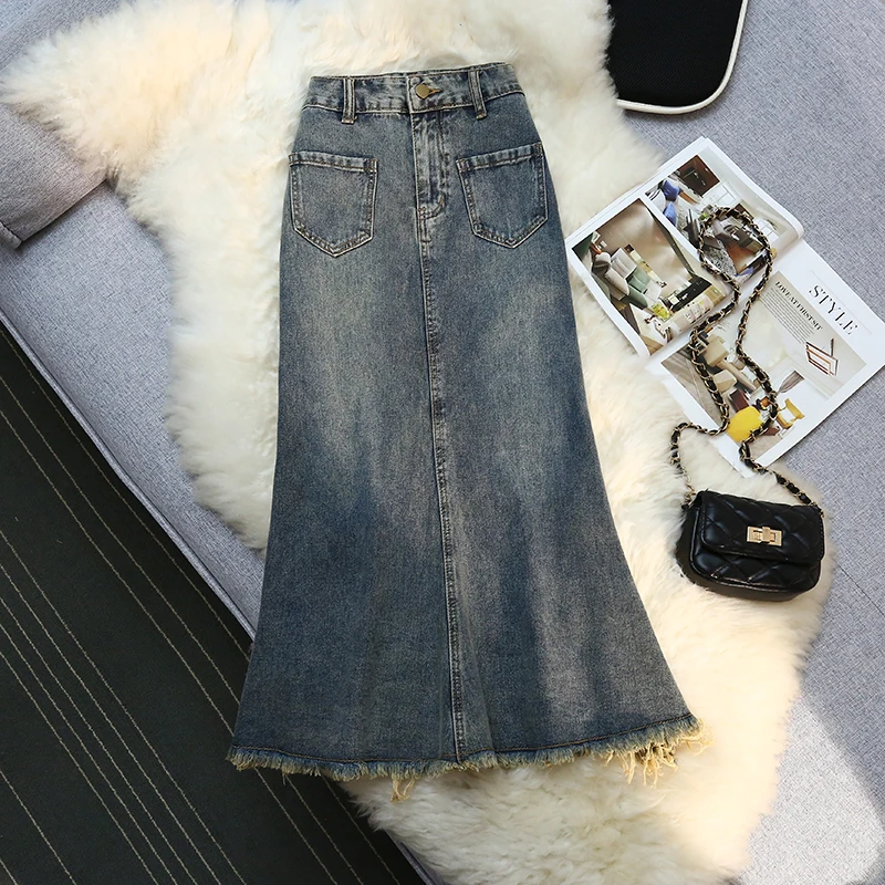 

Женская джинсовая юбка-карандаш, винтажная длинная облегающая юбка-карандаш из денима с завышенной талией, большие размеры