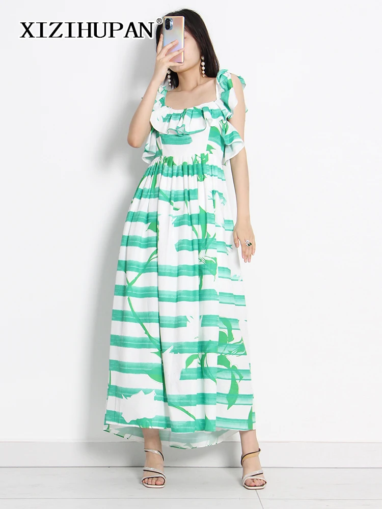 

XIZIHUPAN Striped Colorblock Dress For Women Square Collar Square Collar Sleeveless High Waist Loose Midi Dresses Female Clothes