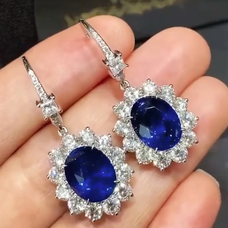 Huitan Oval Blue Cubic Zirconia Earrings Women for Vintage Party Elegant Lady's Ear Earrings Anniversary Gift Luxury Jewelry New