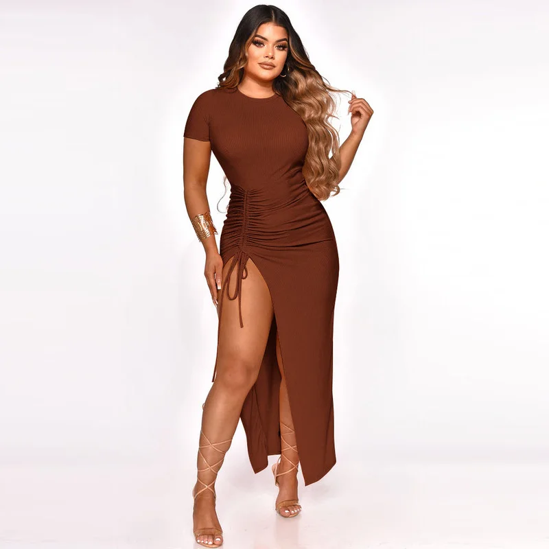 

WUHE Drawstring Ruched High Side Split O-neck Short Sleeve Knit Ribbed Maxi Dress Summer Elegant Fashion Street Sundress