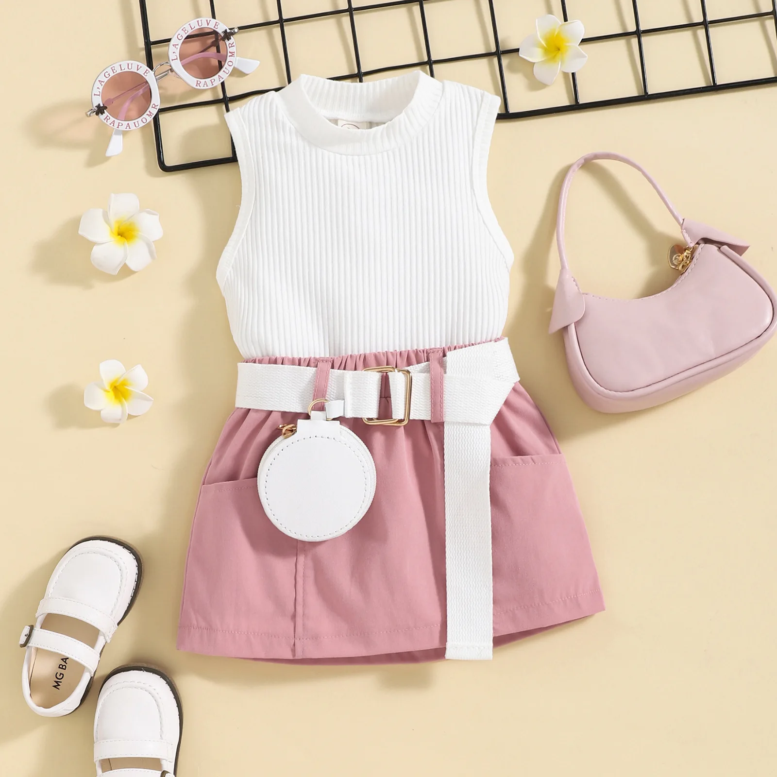 

Fashion Baby Girls Summer Clothes Set Sleeveless Vest +Pink Skirt + Waist Bag 3Pcs Sets Kids Girl Outfits