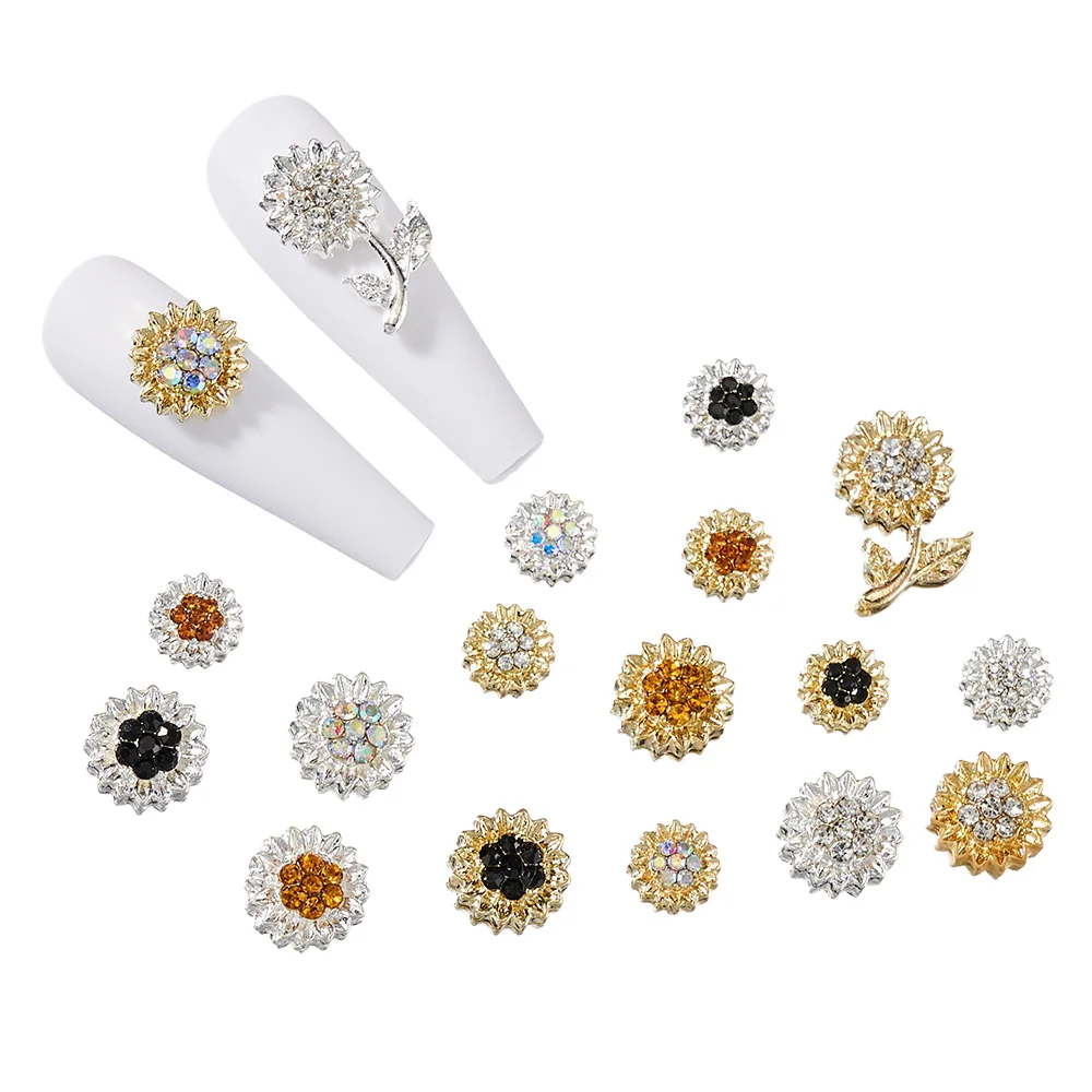 

10pcs 3D Nail Daisy Sparkling Rhinestones Crystal Decorations Sunflower Alloy Nail Art Charms Metal Gem Stones Manicure Jewelry