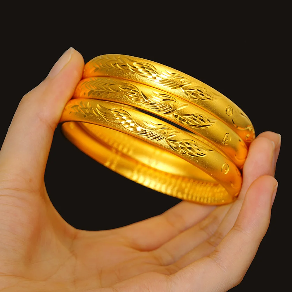 

Ancient inheritance 24K gold color bracelets for women's sand golden bangle dragon phoenix auspicious luck bracelet jewelry