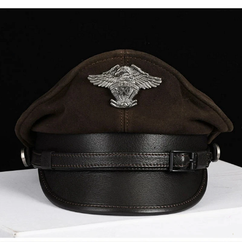 Luxury Winter Genuine Leather Hat Men Male Germany Officer Warm Cap Locomotive Retro German Military Hat Cortical Casquette