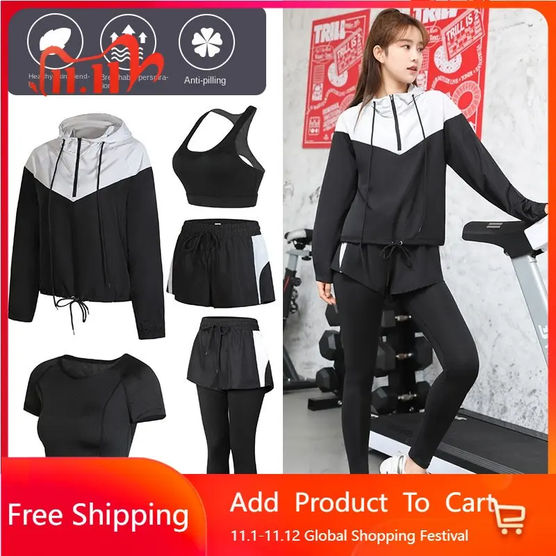 

5-Piece Yoga Clothes set for Women 2022 Four Seasons New Sweating Running Clothes Fast Dry Clothes Large Size Fitness Suit