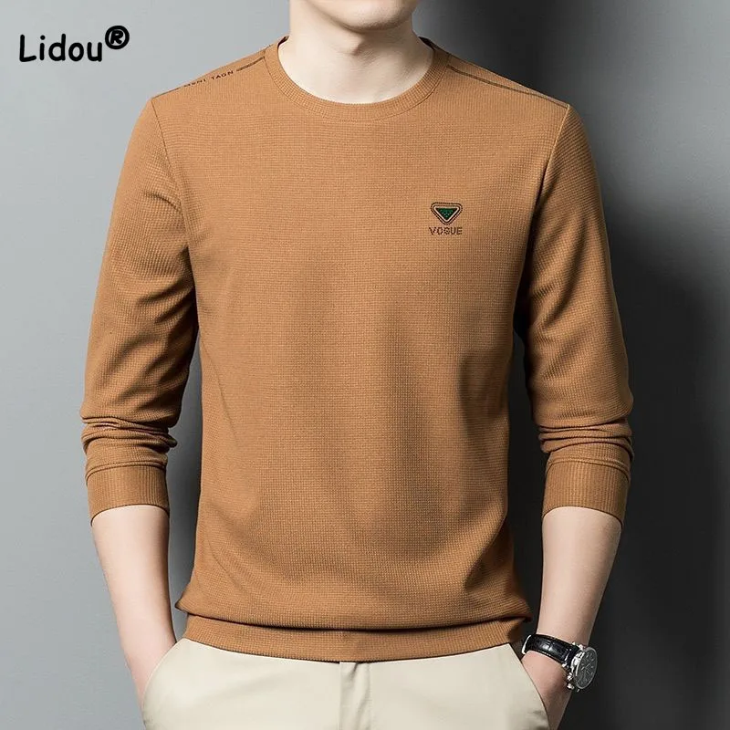 

All-match Fashion Men's Solid Color Pullovers Tops Casual Simplicity Long Sleeve Round Neck T-shirt Spring Autumn Male Clothes