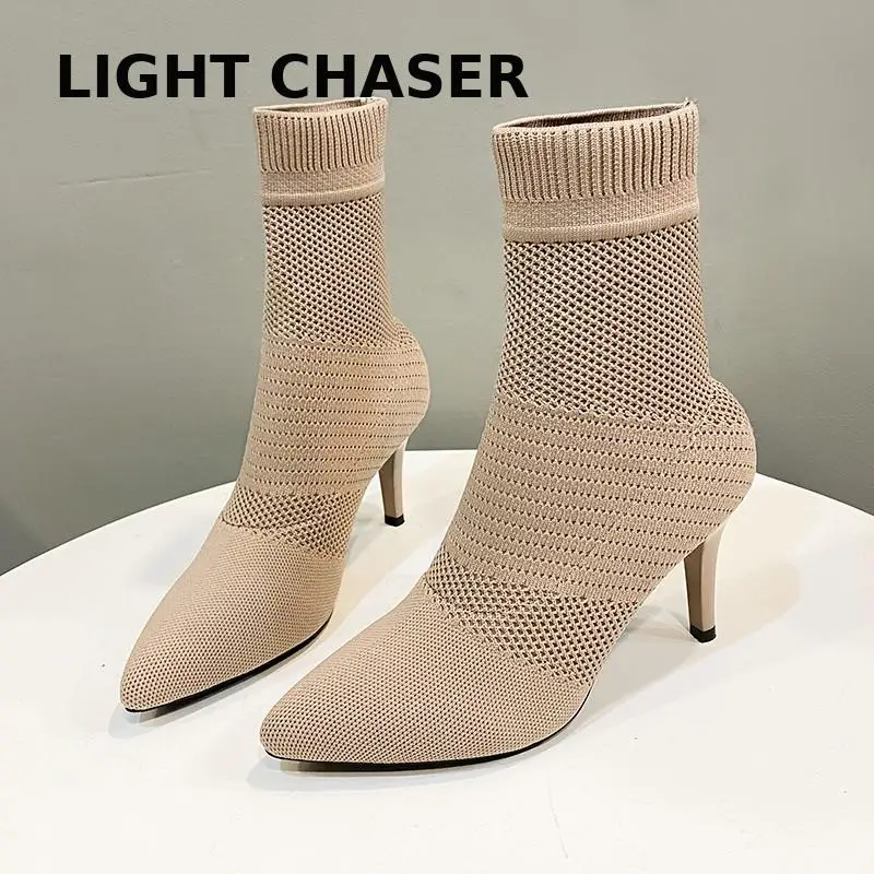 Autumn And Winter Women's High Heels, Knitted Elastic Female Boots, Checisle Ankle Boots Breathable Fashion Female Dress Shoes