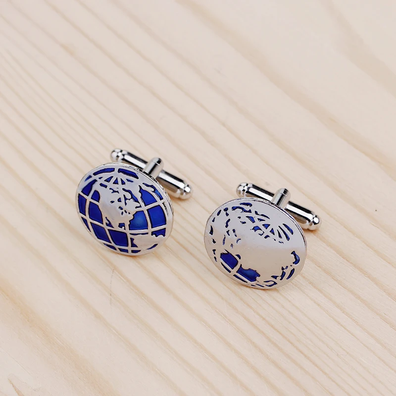 

Classic Blue Mens Cufflinks Global Earth World Map Designer Cuff Links French Button For Wedding Birthday Father's Day