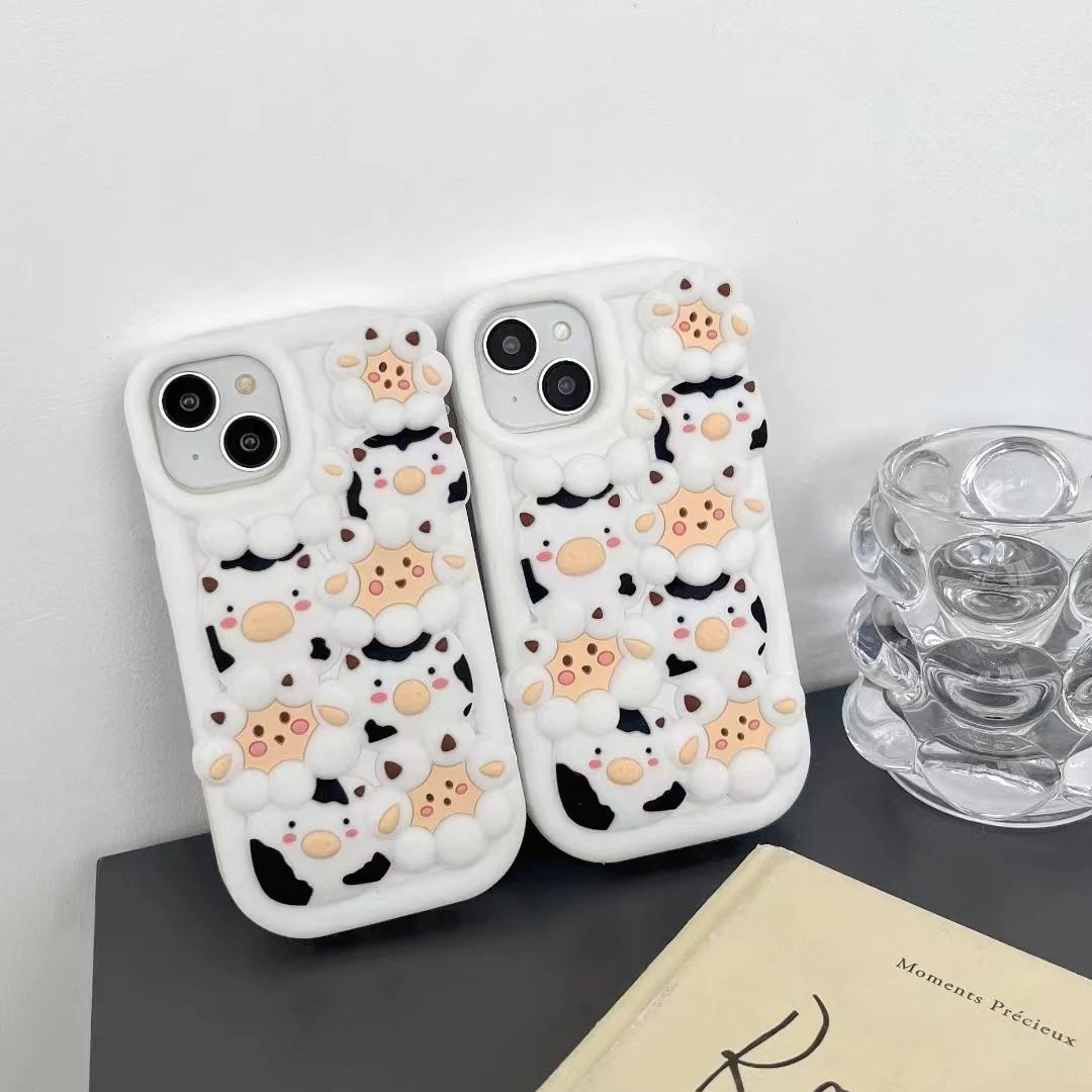 Cute 3D Cartoon Milk Cow Phone Case for IPhone 11 12 13 14 Pro Max Kawaii Protective Soft Silicone Back Cover