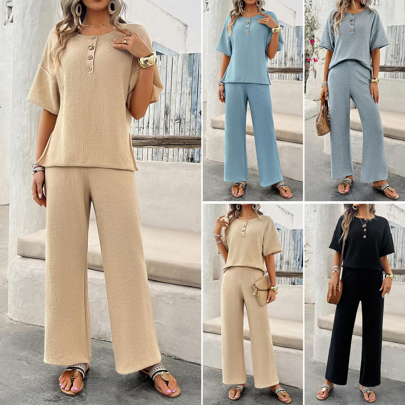 2025 Summer Women's Knit 2PCS Clothes Set Button O-neck Short Sleeve T-shirt Lady's Wide Leg Pants Casual Women Sets