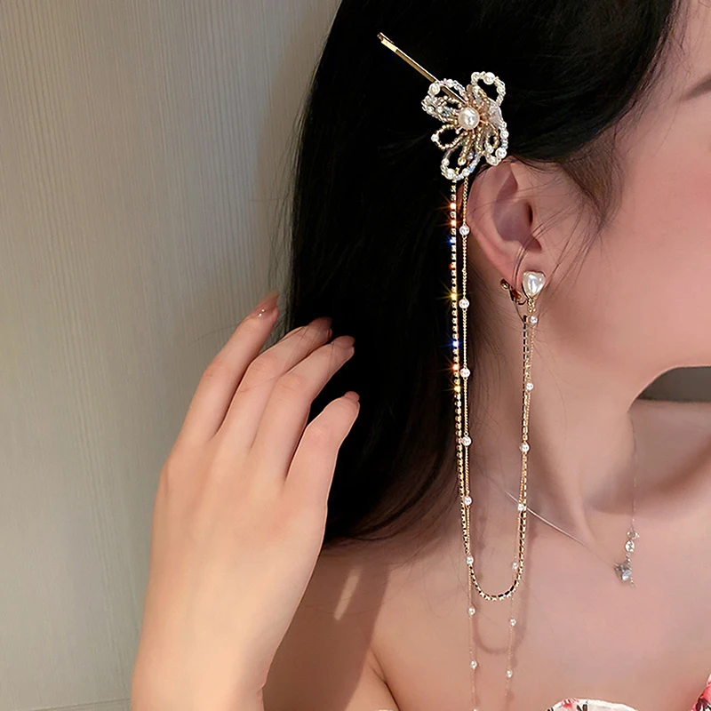 

2022 One-Piece Cartilage Clip Ear Love Heart And Flower Shape Hairpin Long Dangle Earrings For Women Gift