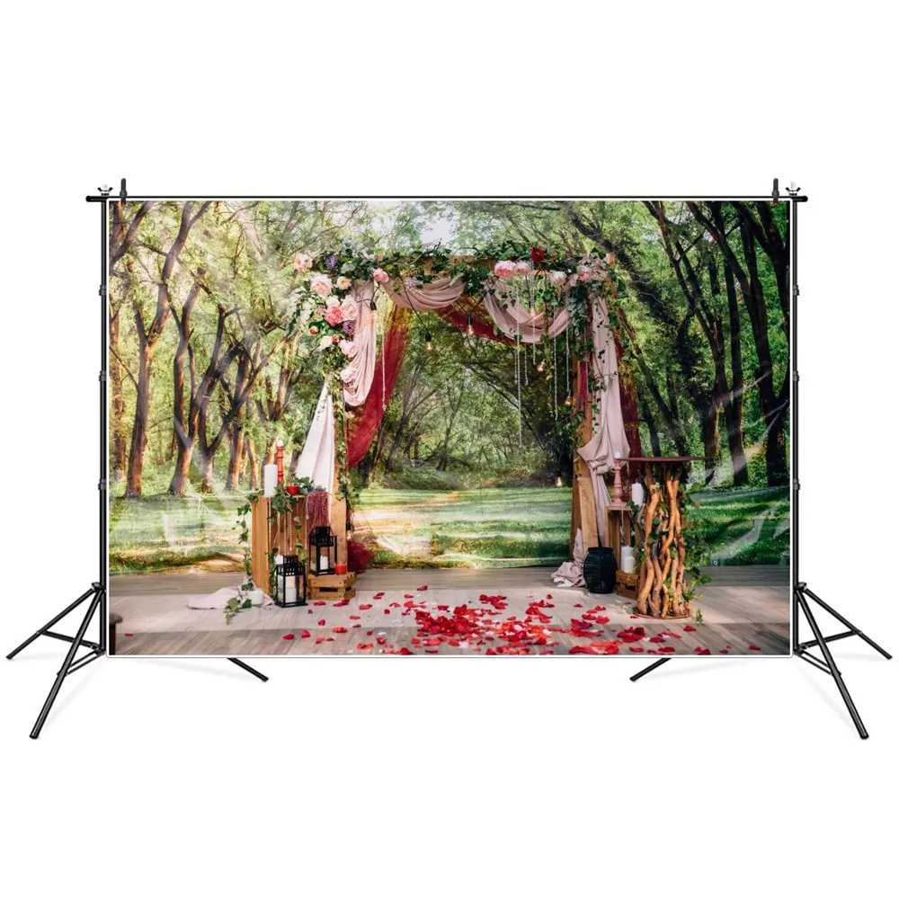 

Forest Wedding Photography Backgrounds Vine Flowers Curtain Wooden Floor Cups Party Ceremony Portrait Photographic Backdrops