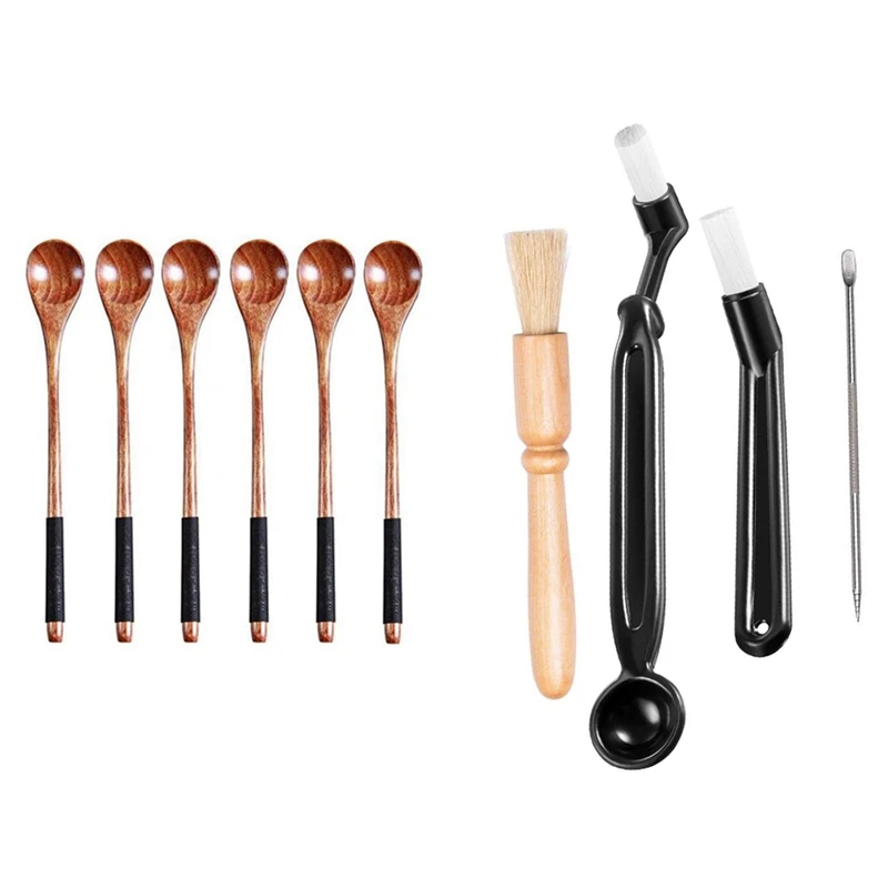 

6Pcs Long Handled Wooden Spoons Mixing Spoon Wood Tableware & 4Pcs Coffee Machine Cleaning Set Coffee Grinder Brush