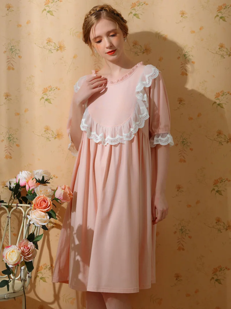 Women Princess Pajamas Girls Short Sleeve Cotton Doll Lolita Sweet Cute French Vintage Nightdress Fairy Victorian Home Sleepwear