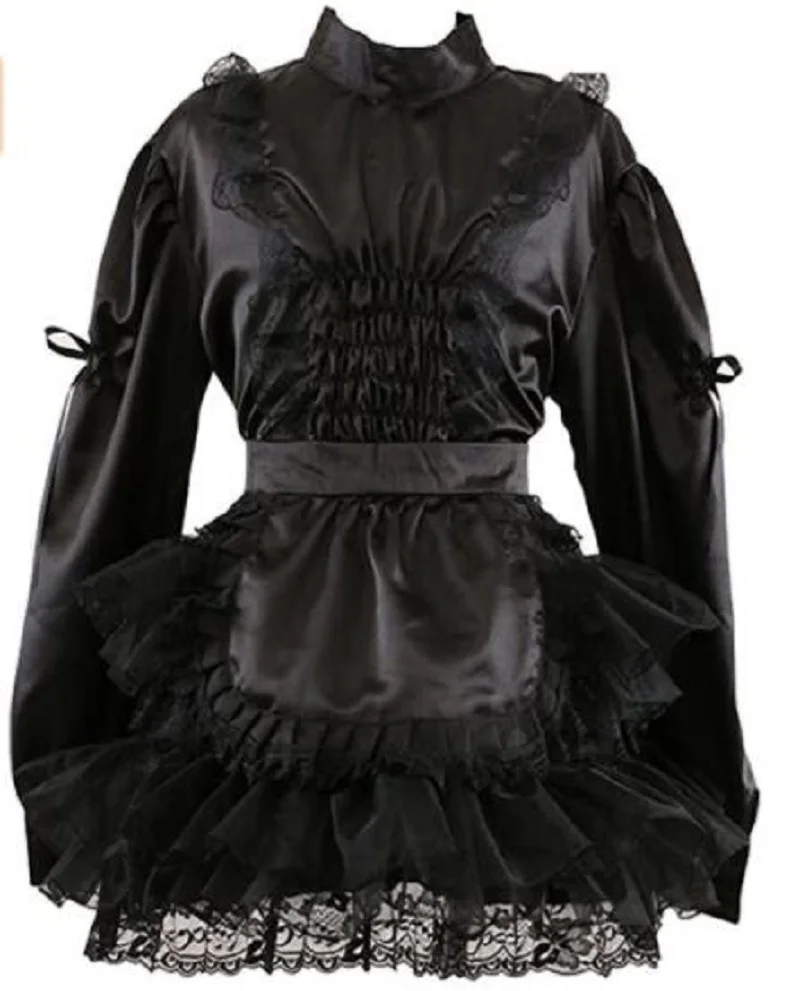 Sissy Lockable Black Satin Lace Waist Tight Maid Uniform Gothic Lolita Clothes Can Be Customized |