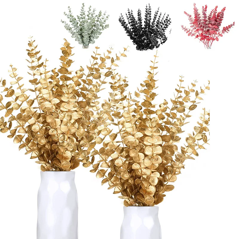 

10PC Gold Artificial Eucalyptus Leaves Green Fake Plant Branches DIY Wreath for Wedding Party Home Garden Table Vase Decoration