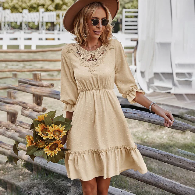 

2023 Lace Stitching Dress Women Summer Casual Ruffle Big Hem Beach Dress Elegant Black Half Sleeve Mini A-line Party Dresses