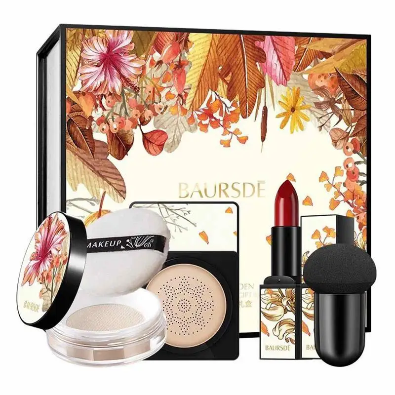 

BB Cream Foundation Lipstick Loose Powder BB Cream Set Bright Makeup Base Long Lasting BB Cream With Mushroom Makeup Sponge