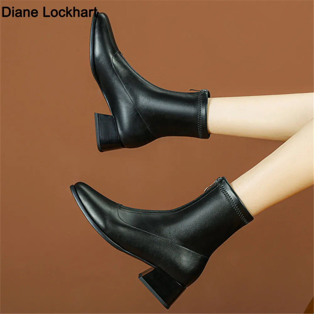 

2022 Autumn Winter Women Fashion Square High Heels Zapatos De Mujer Black PU Leather Shoes Ankle Boots Black Woman Zipper Brown
