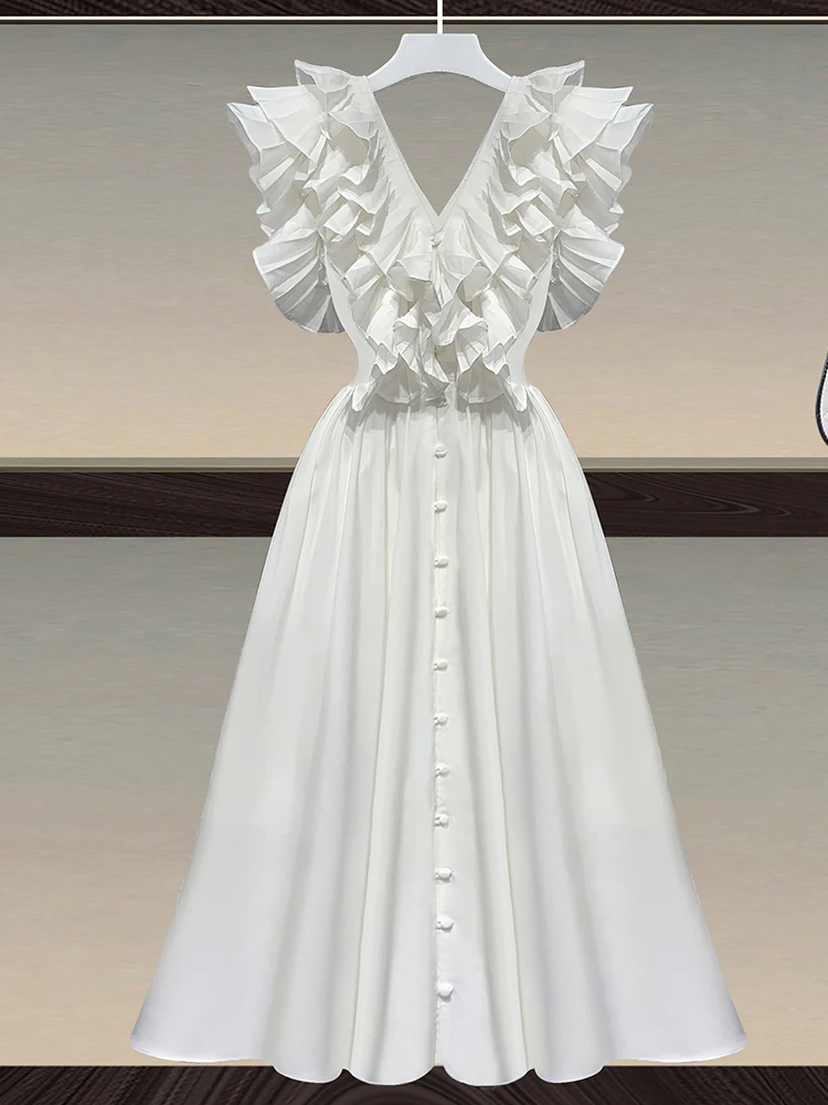 

Dress Women Summer 2023 Casual Loose Dress For Women V Neck Sleeveless High Waist Ruffle Trim Solid Trendy Women's Long Dresses