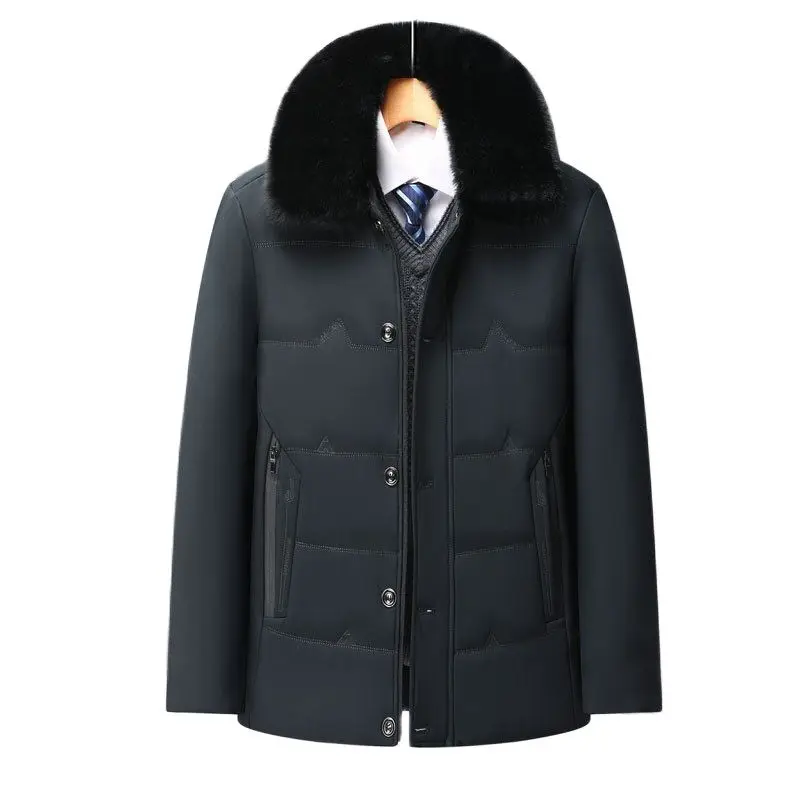 Mens Fur Collar Fleece Thick Parka Coat Autumn Winter New Thick Jackets with Removable Collar Fashion Casual Warm Overcoat Homme