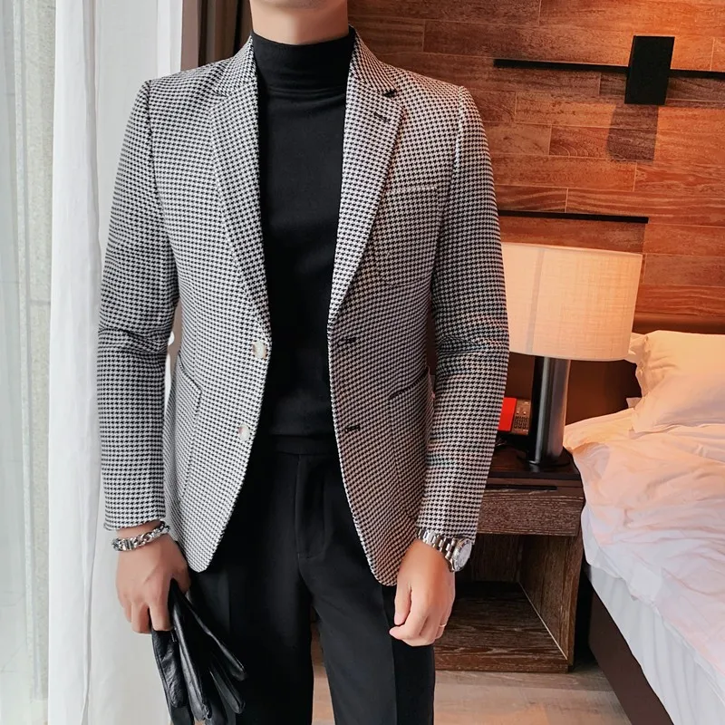 Houndstooth Casual Men Suit Jacket Notched Lapel Wedding Blazer for Prom Party Single-breasted Male Fashion Coat 2022 E831