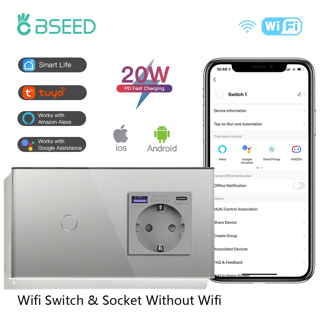 

BSEED Wifi Wall Touch Switches 1/2/3Gang 1/2/3Way Type-C Fast Charge Port 20W Smart Light Switch Tuya Google Home Alexa Control
