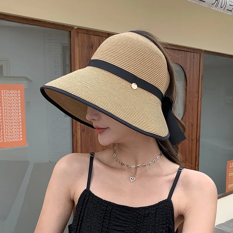 

Шляпа женская Соломенная с открытым верхом и бантом, Панамка от солнца для путешествий и пляжа, в японском стиле, летняя