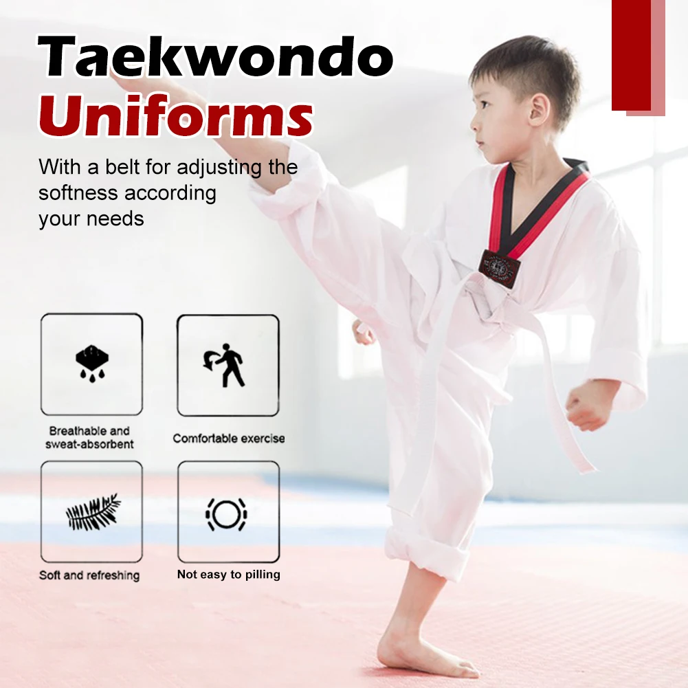 

Белая униформа для тхэквондо, искусство тхэквондо, боевые искусства, карате, джуджитсу, тренировка в тренажерном зале с ремнем для детей и взрослых, унисекс