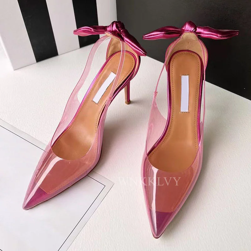

Transparent PVC Thin High Heel Pumps Women Pointed Toe Shallow Mouth Bow-Knot Slingback Sandals Summer Sexy Party Fairy Shoes