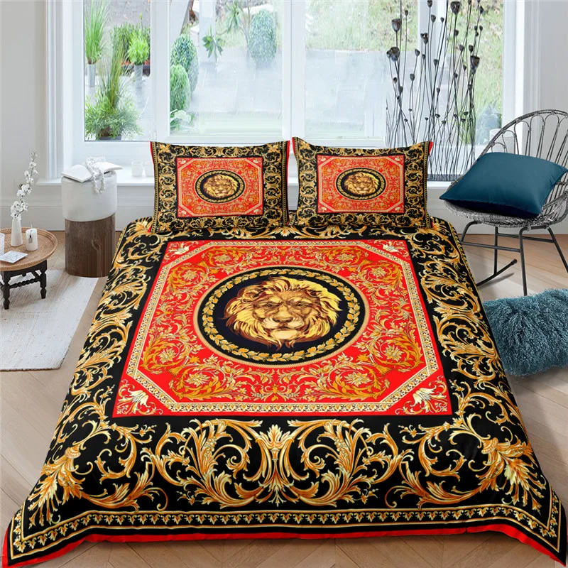 

2022 New European Style Bedding Set 2/3pcs Queen/King 220x240 Size Golden Lion Print Polyester Quilt Cover For Adults Home Decor