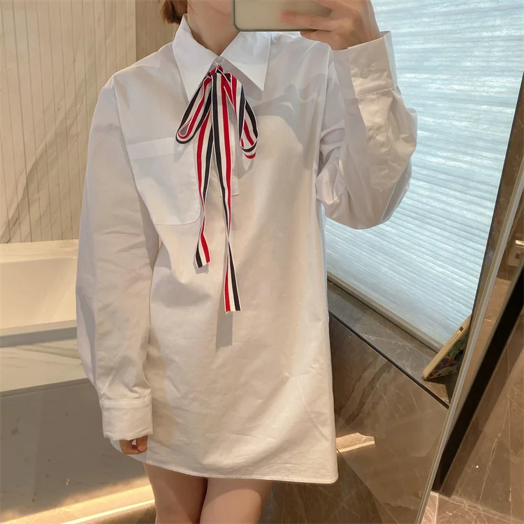 

High Quality TB Korean Style Spot Autumn College Style Age-reducing Bow Ribbon Long-sleeved Shirt Dress Mid-length Casual Skirt