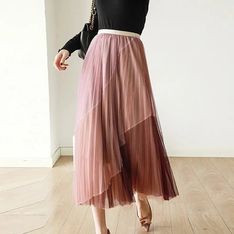 

Zeolore Spring Summer Vintage Casual Tulle Skirt Women High-waisted Gauze Long Skirts Patchwork Maxi Elegant A-line Skirt QT700