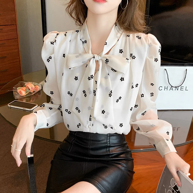 

Женская шифоновая блузка с длинным рукавом, элегантная приталенная офисная рубашка с бантом и принтом, весна-осень 2022
