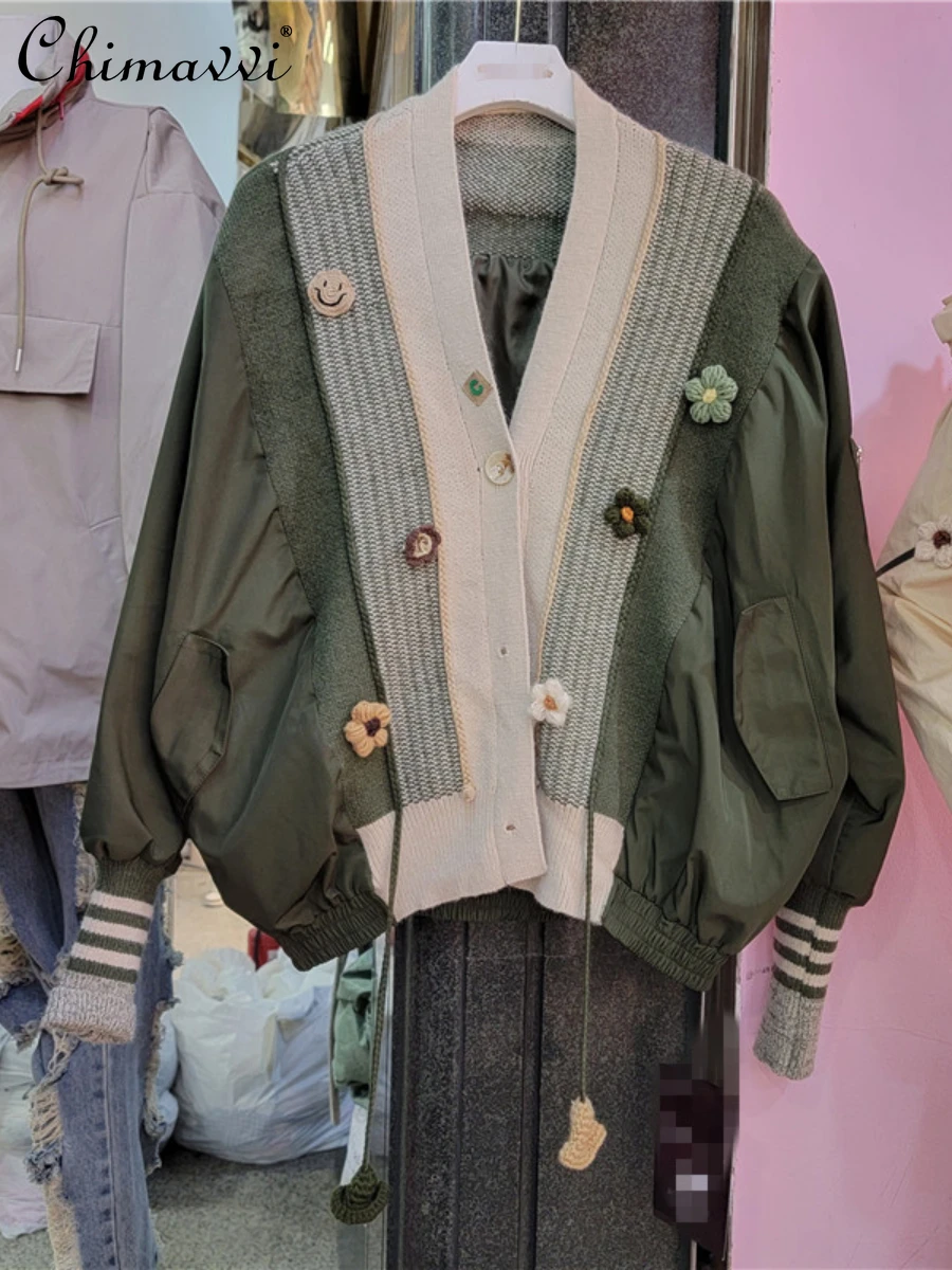 

Army Green Baseball Jacket for Women 2022 Autumn New Fashion Design Knitted Stitching Color Contrast Lady Short Coat Streetwear