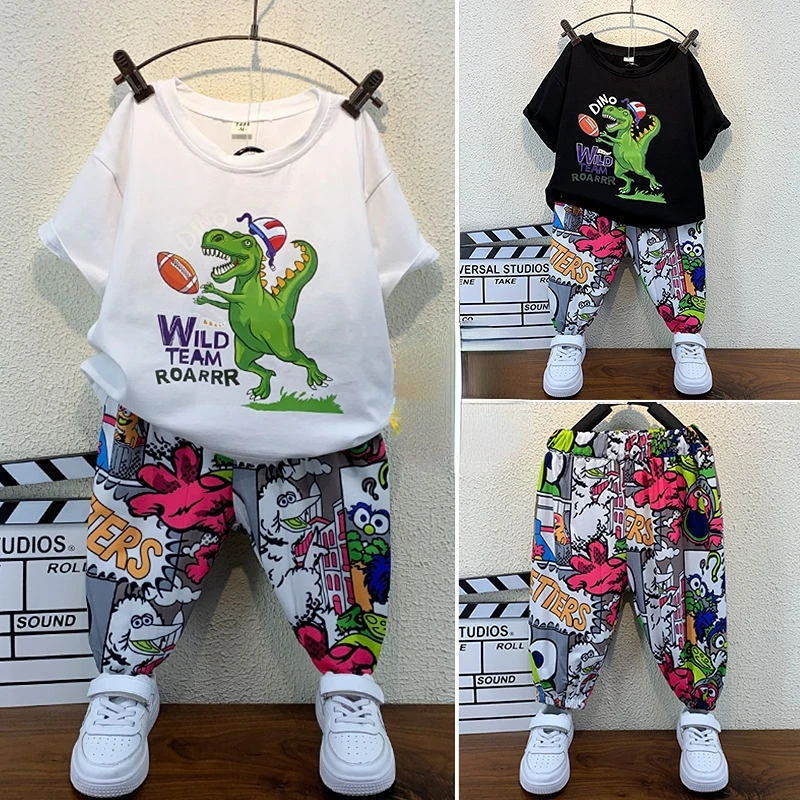 

Boys Kids Summer Clothing New2022Baby Boys Kids Clothing Baseball Dinosaur Short Sleeve T Shirt+Graffiti Cropped Jeans 2 pcs Set