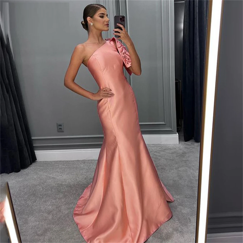 

POMUSE Pink Blush Evening Dresses Gowns One Shoulder Prom Dress Gowns Mermaid Sexy Stain Party Dresses Gowns Celebrity Dresses