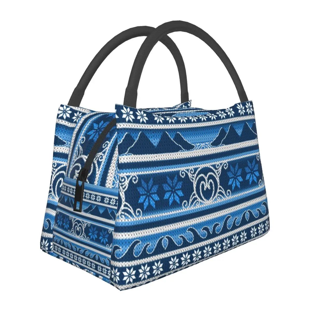 

Winter Blue Nordic Lunch Bag Retro Print Funny Lunch Box Travel Portable Tote Food Bags For Child Oxford Custom Cooler Bag