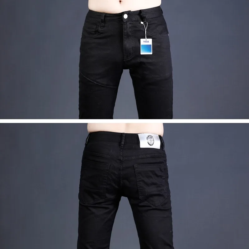 Summer Black Jeans Men Fashion Zipper Pencil Pants Streetwear Casual Stretch Slim Fit Cotton Denim Trousers