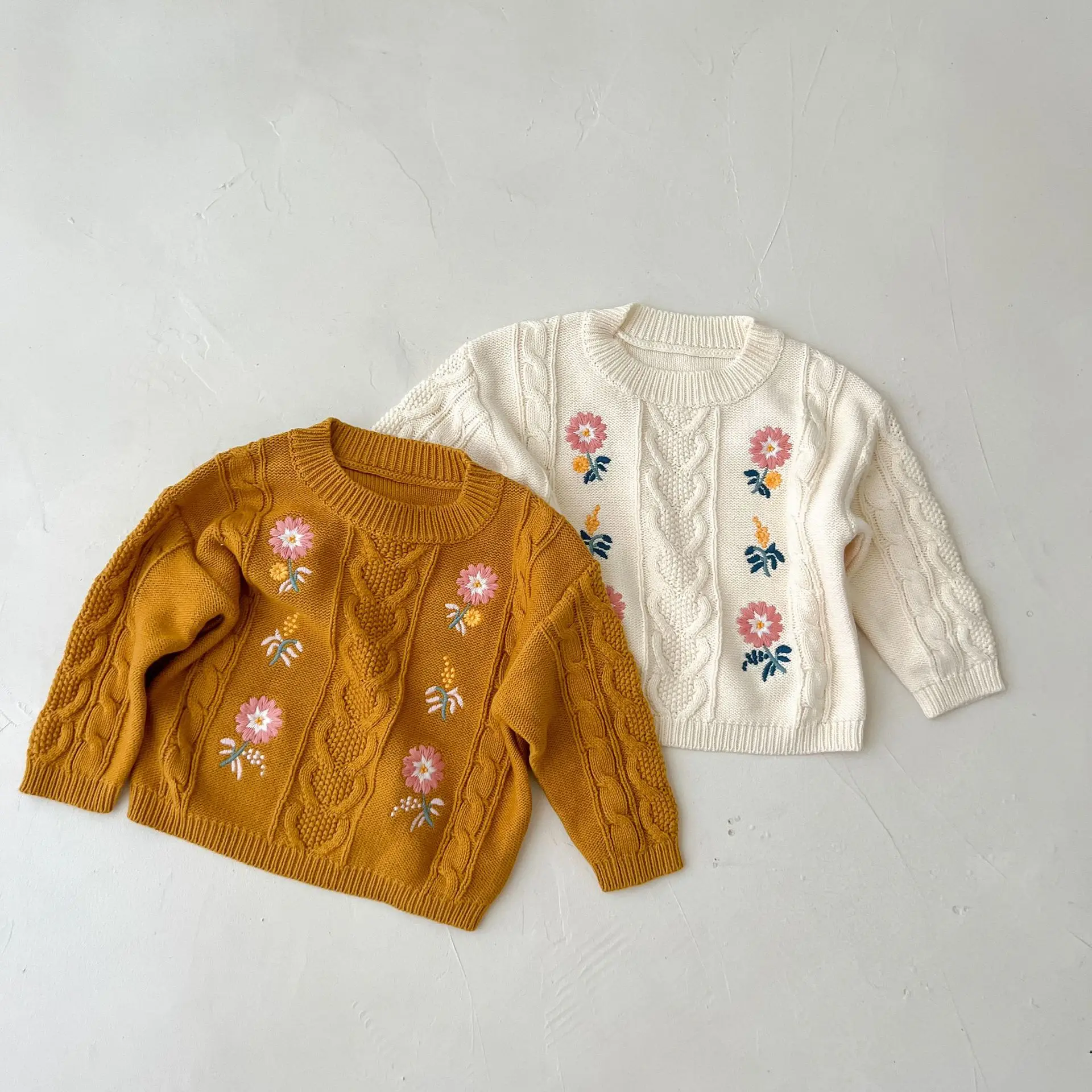 

2022 Autumn Winter New Children Knitted Flower Pullover Sweater Girl Baby Embroidery Long Sleeve Tops Boy Infant Cotton Coats