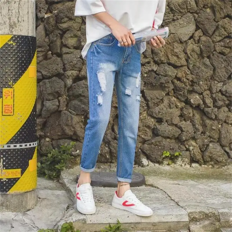 Slim Fit Small Straight Jeans Tide Spring and Summer Korean Version 9 Points Pants Elastic Tight Hole Trousers Clothing Men