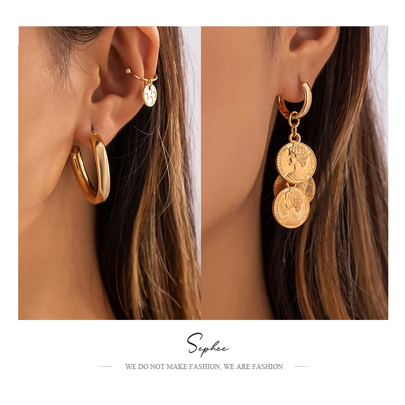 

2022 Geometric Glossy C-type Simple Personalized Earrings Set Retro Portrait Pendant Queen Ear Rings Earrings Women