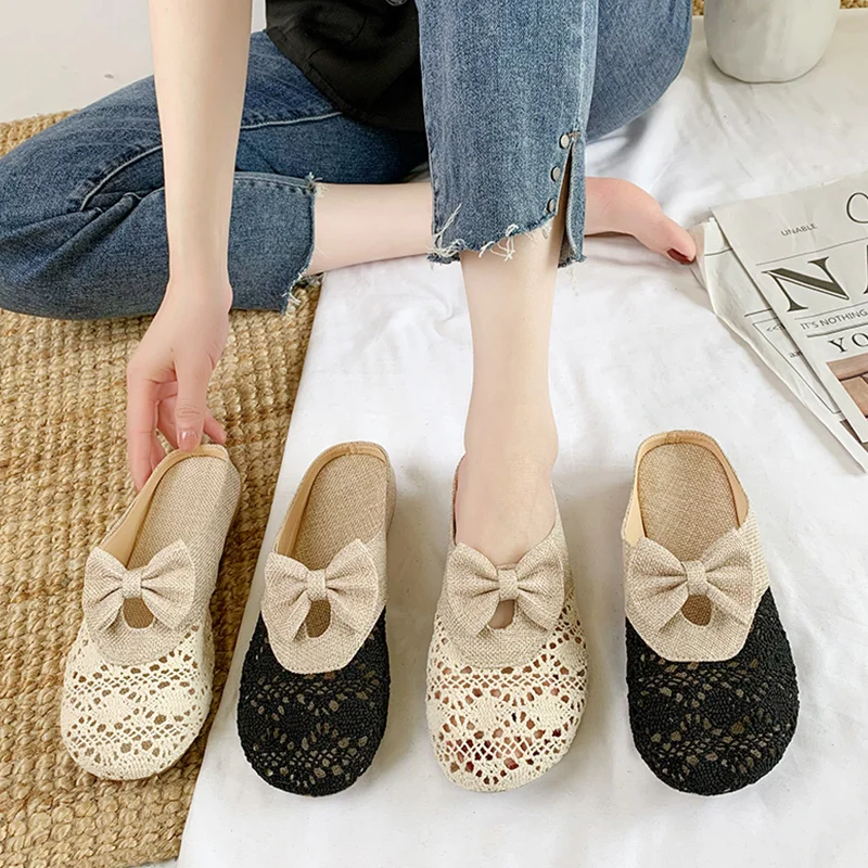 

Мюли женские с бантом-бабочкой, повседневные шлепанцы, мягкая базовая обувь на плоской подошве, сланцы, лето 2022