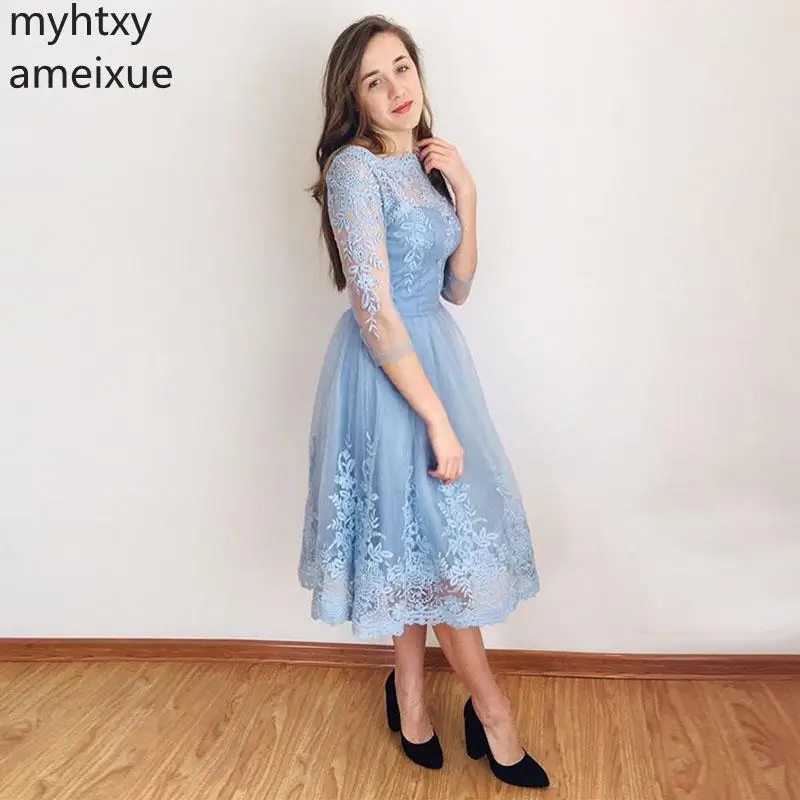 

Женское ТРАПЕЦИЕВИДНОЕ ПЛАТЬЕ С Рукавом 2023, светло-голубое платье для выпускного вечера, официальное платье длиной ниже колена, 3/4