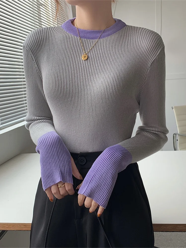 

Женский трикотажный свитер-водолазка, однотонный облегающий свитер с длинным рукавом и цветными блоками, весна 2022