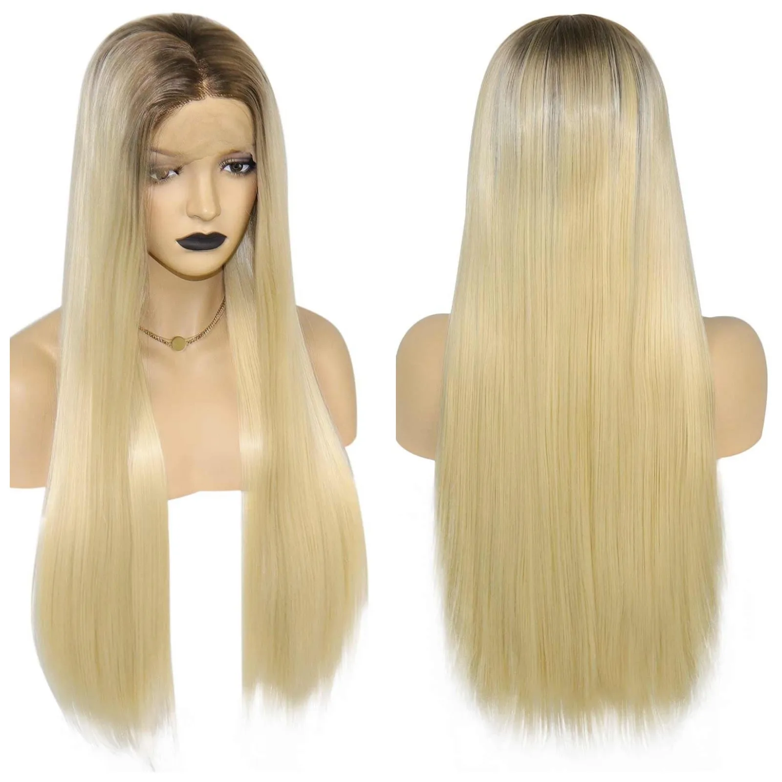Anogol Synthetic Middle Part 13*1T Part Lace Wigs Heat Resistant Fiber Ombre Blonde Long Straight Hair For Black Women