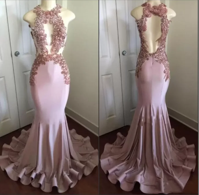 

Sexy Pink Mermaid Prom Dresses Halter Neck with Beads Appliques Cutaway Backless Evening Party Gowns Celebrity Pageant Wear