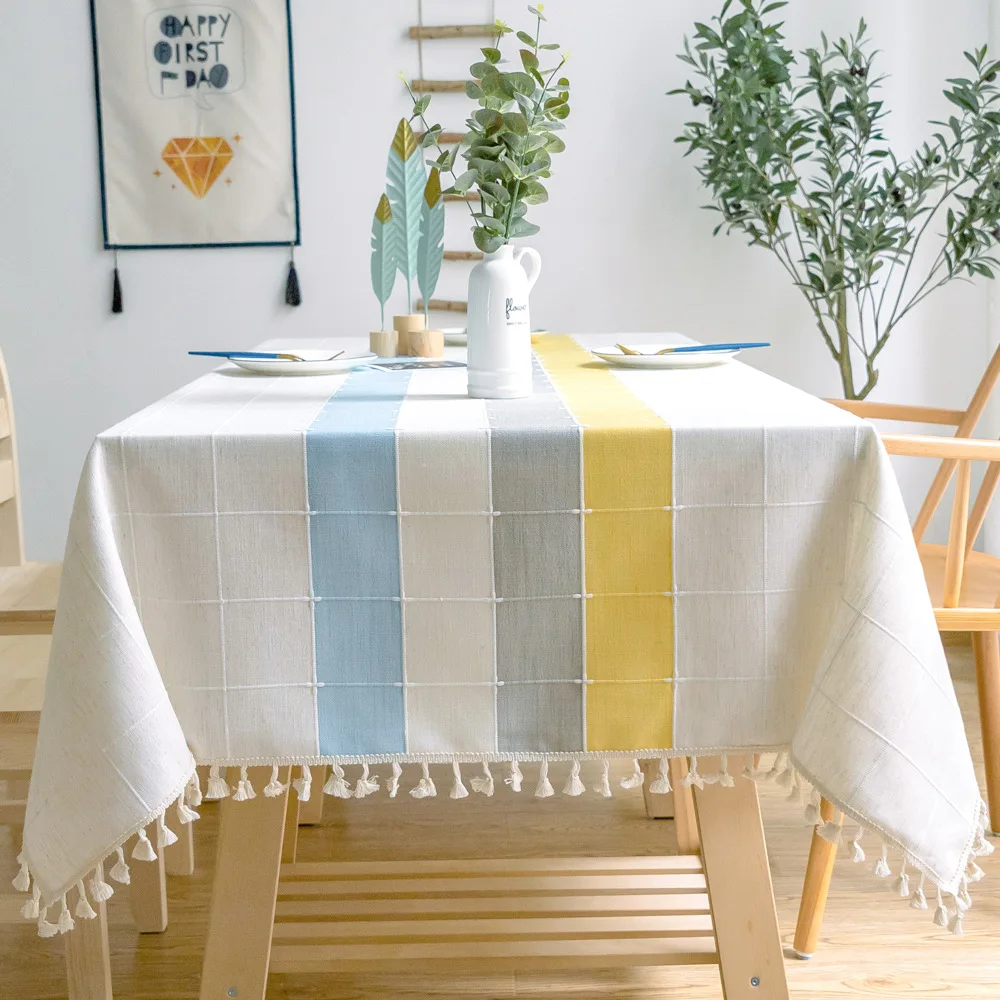 

Modern Simple Table Covers for Dinning Room Plaid Four-Color Striped Table Protector With Tassel nappe de table Home Party Decor