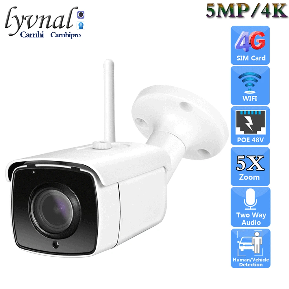 H.265 Sony415 4K 8MP 3G 4G SIM Card Security IP Camera Wifi 5X Zoom Two Way Audio 5MP POE 48V Waterproof Humanoid / Car Alarm