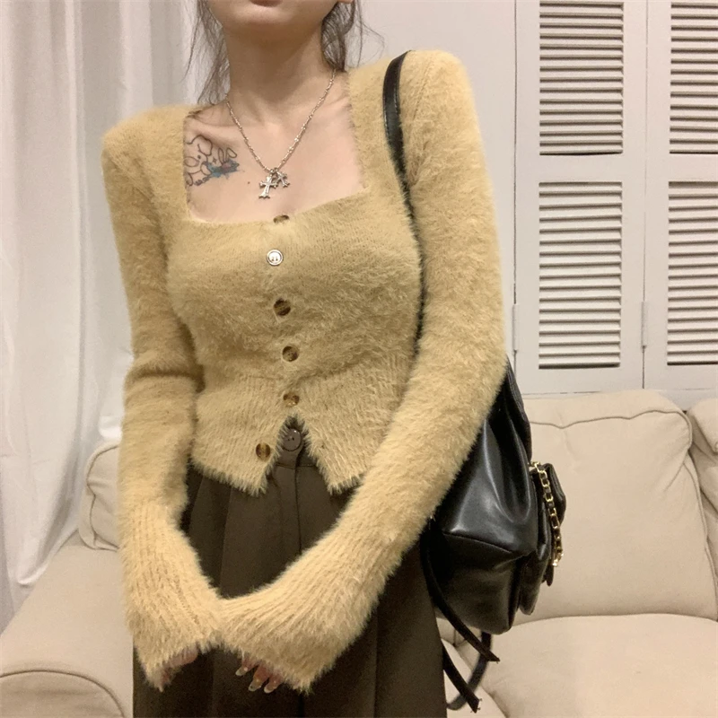 

Женский короткий кардиган с длинным рукавом, повседневный однотонный облегающий теплый свитер с квадратным воротником, A70, для зимы